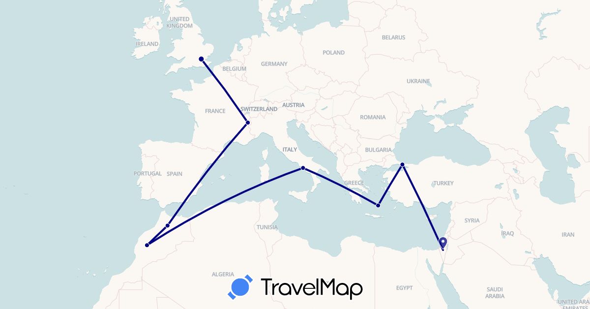 TravelMap itinerary: driving in France, United Kingdom, Greece, Israel, Italy, Morocco, Turkey (Africa, Asia, Europe)